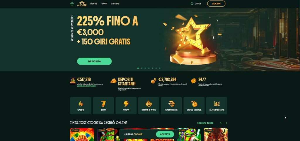 Un firmamento di opportunità su AllStars, dove l'interfaccia scura fa risaltare i giochi come stelle luminose pronte a essere esplorate