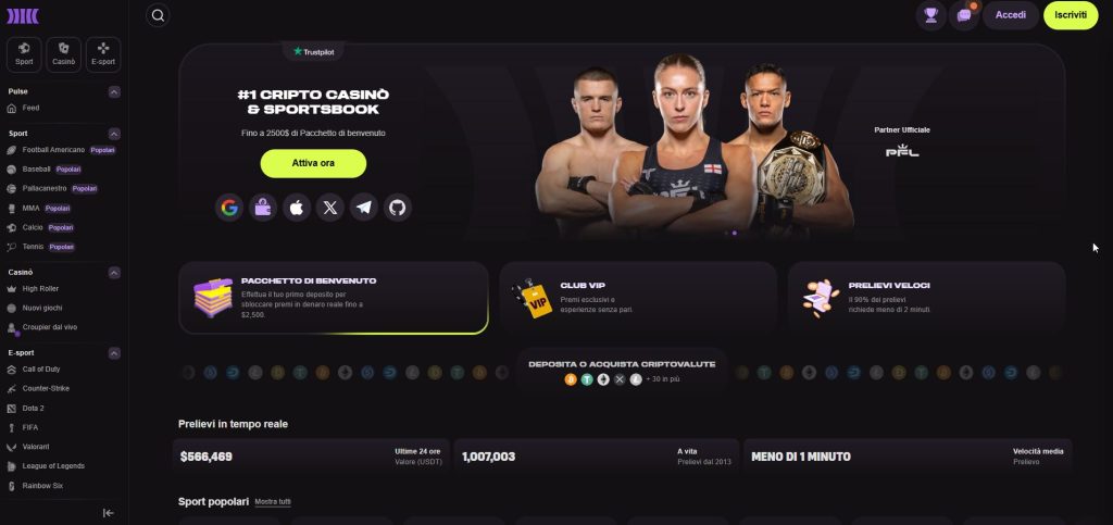 La maestosità di Cloudbet in un singolo scatto: sezioni sportive e tavoli live coesistono in un layout premium che trasuda affidabilità ed esclusività