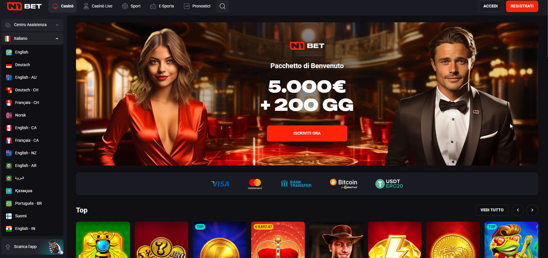 Lo stile grintoso e accattivante di N1Bet che cattura subito l'attenzione con le sue promozioni irresistibili