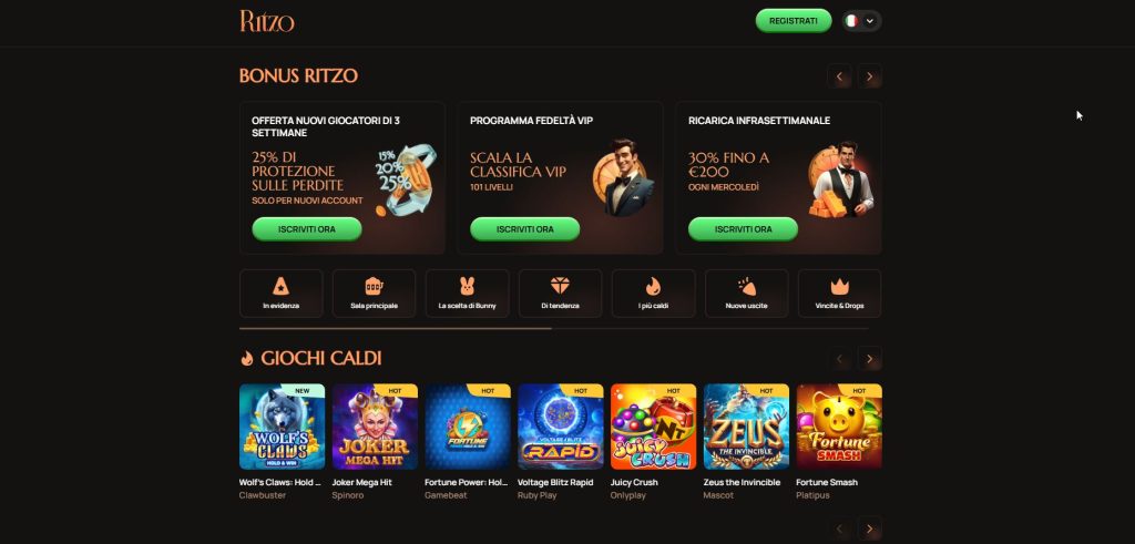Il glamour contemporaneo di Ritzo brilla attraverso la sua palette cromatica audace, promettendo un'esperienza di casinò dinamica e mai banale