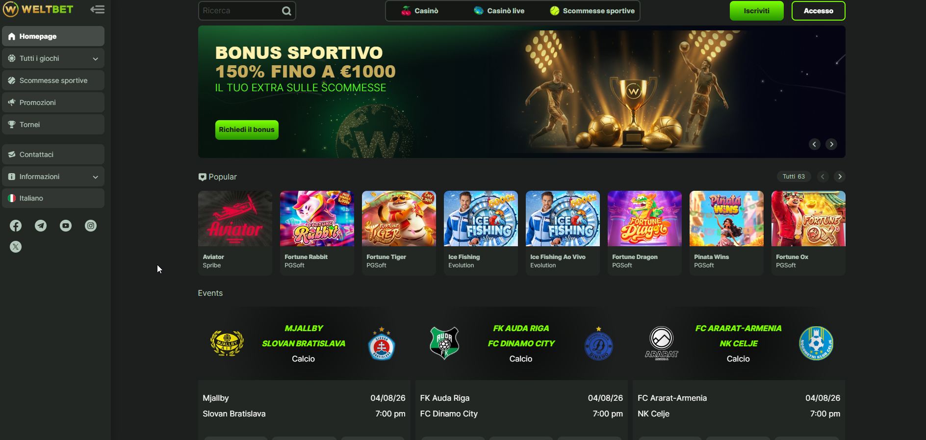Un autentico crocevia dell'intrattenimento: lo schermo di Weltbet bilancia alla perfezione il verde dei tavoli da casinò e l'emozione dei campi sportivi