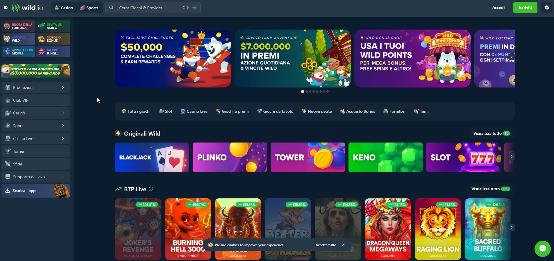 Il lato più selvaggio del gioco d'azzardo crypto: l'interfaccia dark di Wild.io pulsa di energia, pronta per sessioni di gioco rapide e adrenaliniche